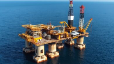 Plataforma de extração de petróleo em alto-mar sob um céu azul, representando investimentos em energia e gás.