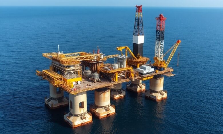 Plataforma de extração de petróleo em alto-mar sob um céu azul, representando investimentos em energia e gás.