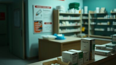 Prateleiras de uma farmácia hospitalar com poucas caixas de medicamentos em ambiente iluminado.