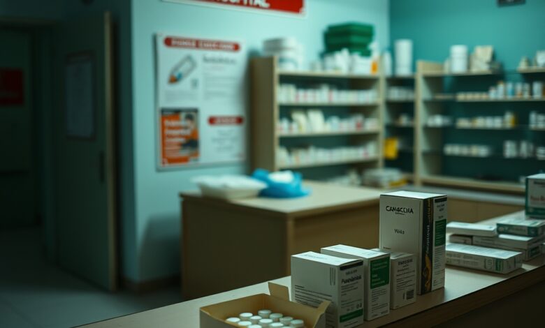 Prateleiras de uma farmácia hospitalar com poucas caixas de medicamentos em ambiente iluminado.