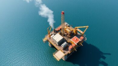 Vista aérea de uma plataforma de extração de petróleo em alto mar sob um céu limpo.