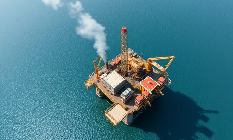 Vista aérea de uma plataforma de extração de petróleo em alto mar sob um céu limpo.