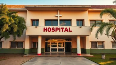 Fachada moderna de um hospital provincial em Moçambique sob luz solar suave de fim de tarde.