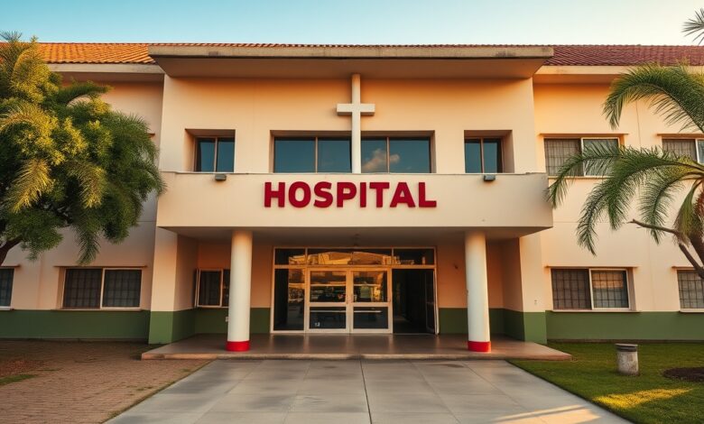 Fachada moderna de um hospital provincial em Moçambique sob luz solar suave de fim de tarde.