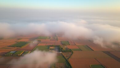 Vista aérea de campos agrícolas tradicionais na China rural sob uma névoa matinal suave.