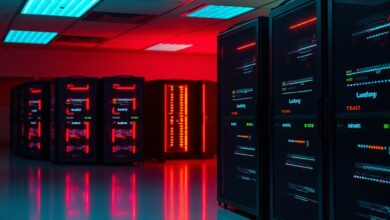Servidores de computador iluminados com luzes azuis e vermelhas em uma sala de dados escura