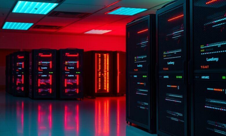Servidores de computador iluminados com luzes azuis e vermelhas em uma sala de dados escura
