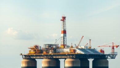 Plataforma de extração de petróleo e gás em alto mar sob um céu limpo e ensolarado.