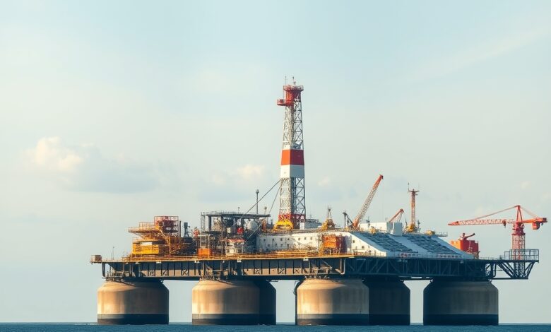 Plataforma de extração de petróleo e gás em alto mar sob um céu limpo e ensolarado.