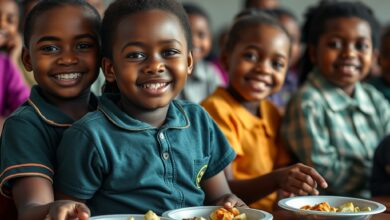 Crianças moçambicanas sorridentes sentadas numa sala de aula com pratos de refeição escolar saudável.