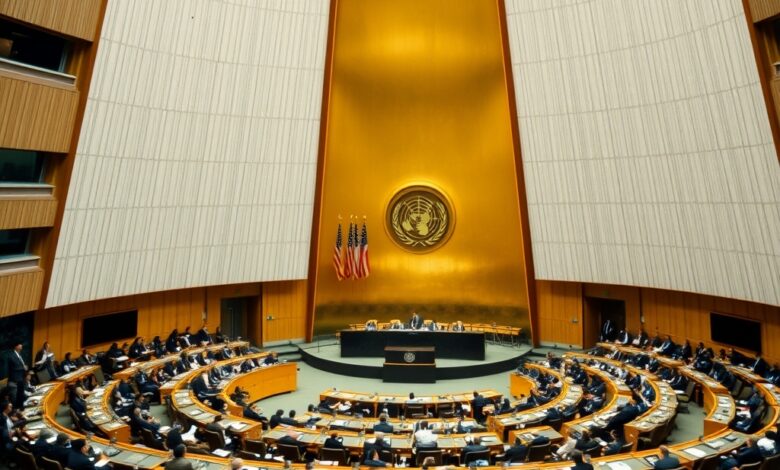 Vista geral da Assembleia Geral das Nações Unidas com diplomatas sentados em semicírculo durante uma sessão oficial.