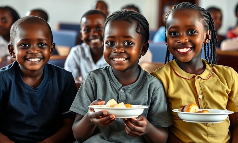 Crianças moçambicanas sorridentes sentadas numa sala de aula com pratos de refeição escolar saudável.