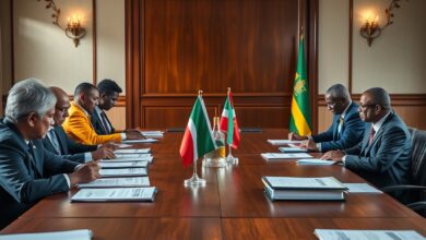 Reunião diplomática internacional com bandeiras e pastas de documentos sobre uma mesa de madeira num ambiente formal.