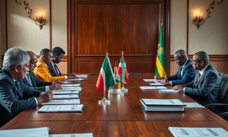 Reunião diplomática internacional com bandeiras e pastas de documentos sobre uma mesa de madeira num ambiente formal.
