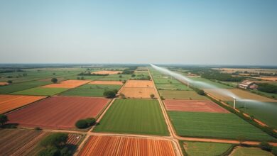 Vista aérea de campos agrícolas em Moçambique com sistemas de irrigação modernos sob um céu limpo.