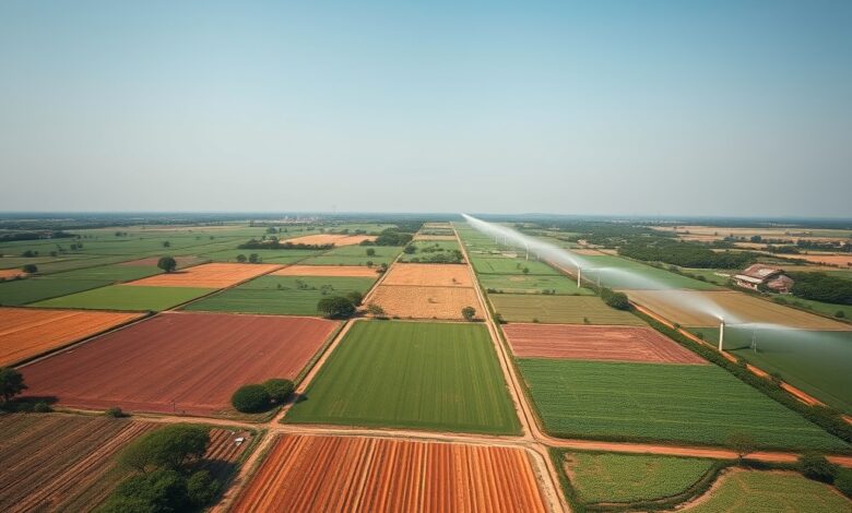 Vista aérea de campos agrícolas em Moçambique com sistemas de irrigação modernos sob um céu limpo.