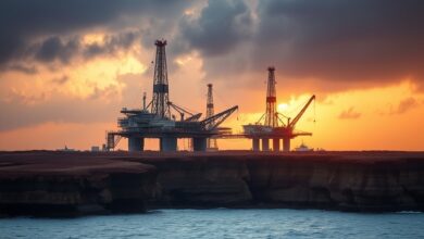 Plataforma de extração de petróleo em alto mar sob um céu dramático ao entardecer
