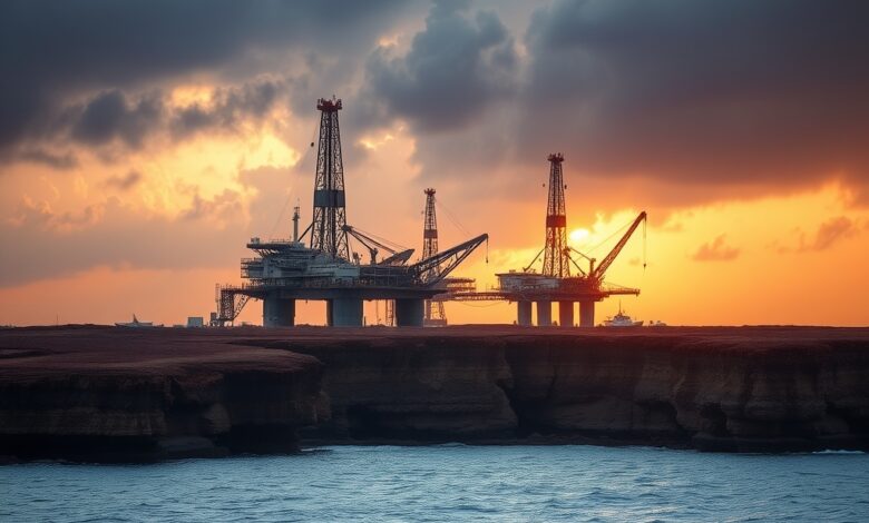 Plataforma de extração de petróleo em alto mar sob um céu dramático ao entardecer