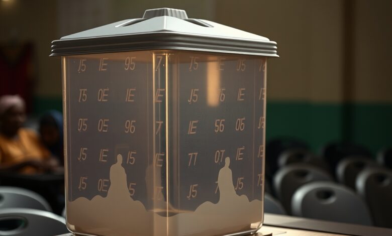 Urna eletrônica de votação em seção eleitoral com iluminação suave focando no teclado numérico.