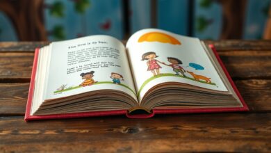 Livro infantil aberto em uma mesa de madeira com ilustrações coloridas e poéticas ao fundo