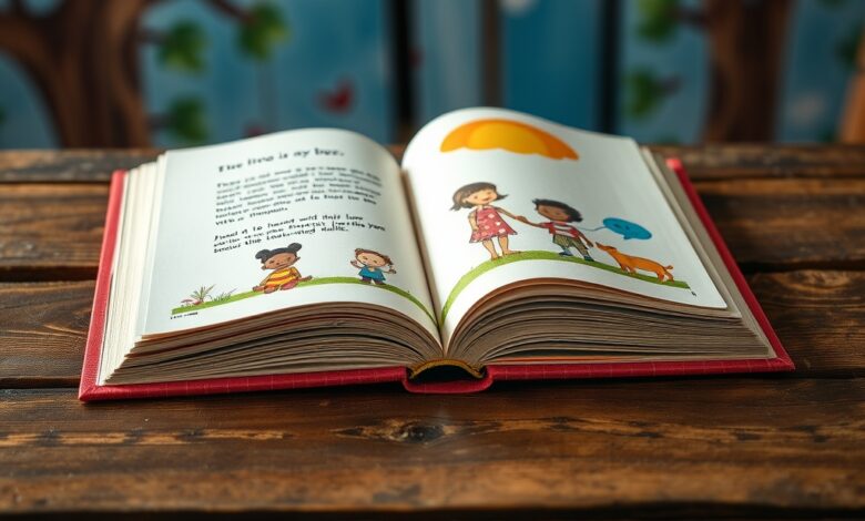 Livro infantil aberto em uma mesa de madeira com ilustrações coloridas e poéticas ao fundo