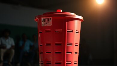 Urna eletrônica de votação em uma seção eleitoral iluminada com foco suave ao fundo.