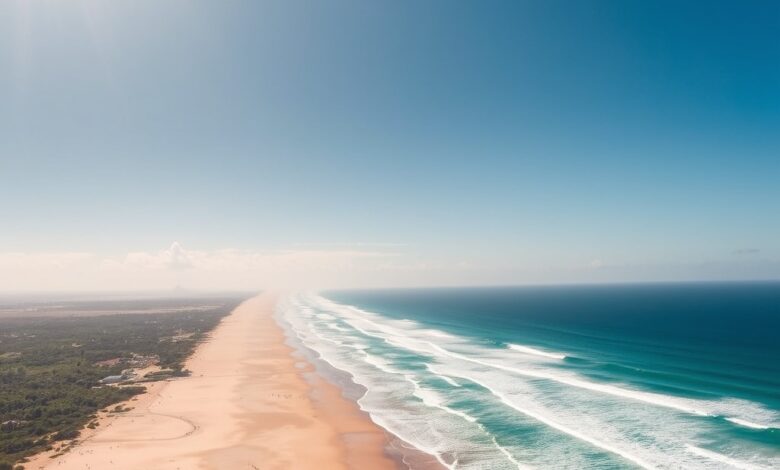 Vista aérea da paradisíaca Praia do Tofo em Moçambique com ondas suaves e areia dourada sob sol brilhante