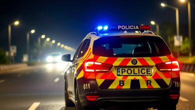 Carro de polícia britânico com luzes azuis de emergência acesas estacionado numa estrada à noite