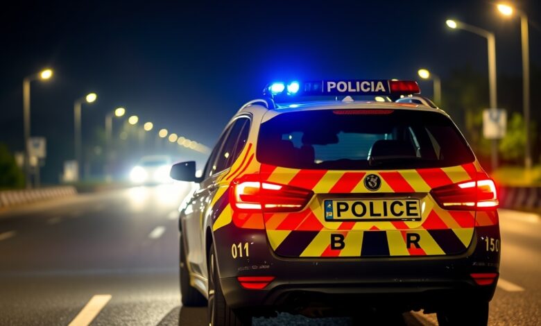 Carro de polícia britânico com luzes azuis de emergência acesas estacionado numa estrada à noite
