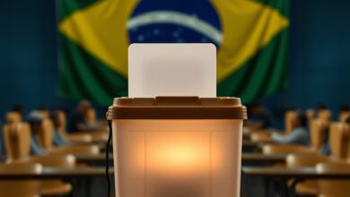 Urna eletrônica de votação em uma seção eleitoral iluminada com a bandeira do Brasil desfocada ao fundo.