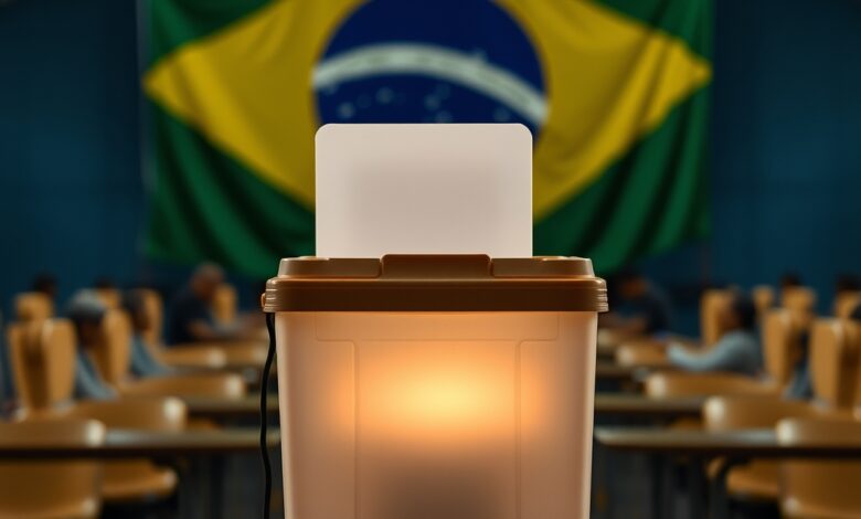 Urna eletrônica de votação em uma seção eleitoral iluminada com a bandeira do Brasil desfocada ao fundo.