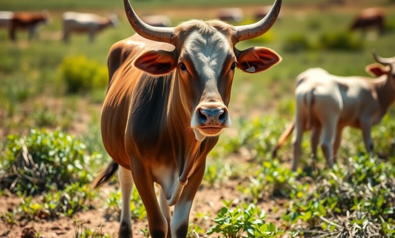Gado bovino a pastar em campo aberto verdejante numa exploração agropecuária ao pôr do sol