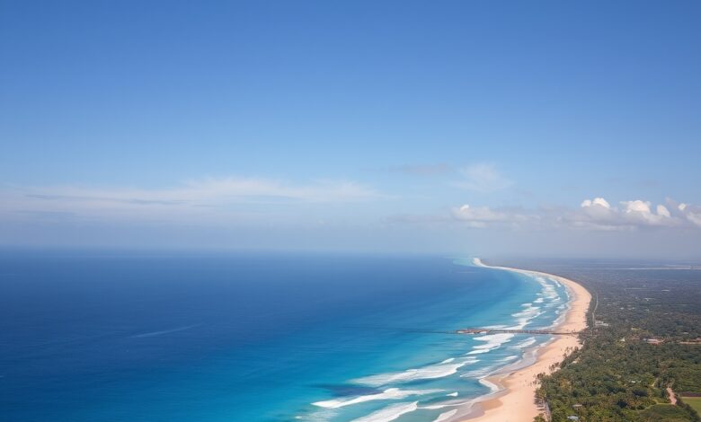 Vista aérea da paradisíaca Praia do Tofo em Moçambique com mar azul e coqueiros na costa