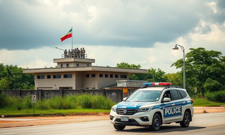 Carro de patrulha policial estacionado perto de uma vedação de segurança de base militar sob céu nublado.