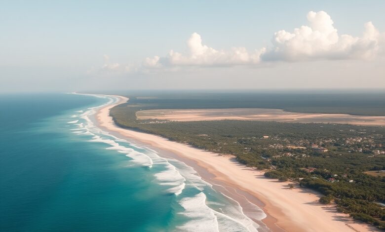 Vista aérea da paradisíaca Praia do Tofo em Moçambique com ondas suaves e areia dourada.