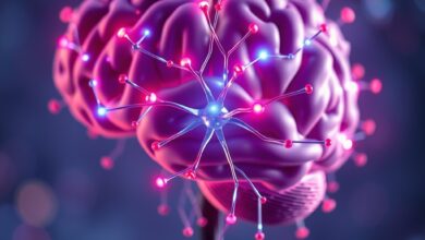 Representação abstrata de conexões neuronais brilhando em tons de azul e roxo no cérebro humano.