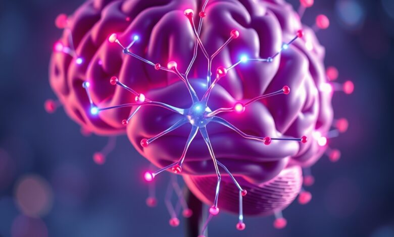 Representação abstrata de conexões neuronais brilhando em tons de azul e roxo no cérebro humano.