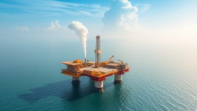 Vista aérea de uma plataforma de extração de petróleo em águas profundas sob um céu nublado ao entardecer.