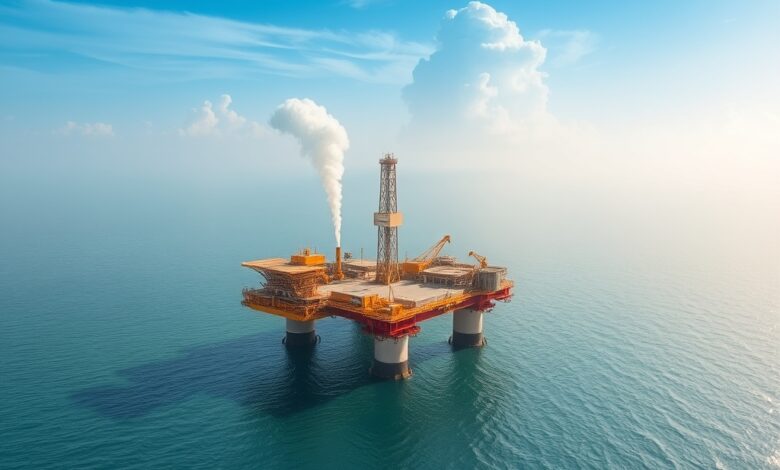 Vista aérea de uma plataforma de extração de petróleo em águas profundas sob um céu nublado ao entardecer.