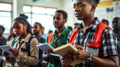 Jovens estudantes concentrados numa oficina de formação técnica com ferramentas e cadernos de anotações.