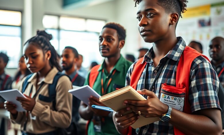 Jovens estudantes concentrados numa oficina de formação técnica com ferramentas e cadernos de anotações.