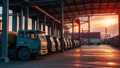 Tanques de armazenamento de combustíveis e condutas industriais ao entardecer numa infraestrutura logística moderna.