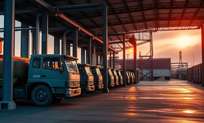 Tanques de armazenamento de combustíveis e condutas industriais ao entardecer numa infraestrutura logística moderna.