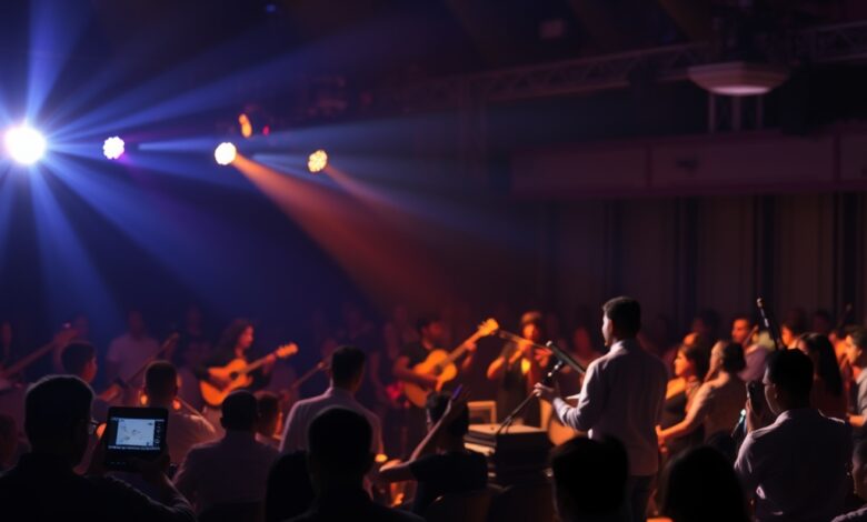 Violão acústico sobre um palco iluminado por luzes cénicas quentes em ambiente de concerto intimista