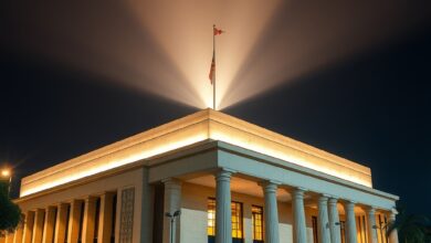Fachada de edifício judicial moderno iluminado ao entardecer simbolizando o poder judiciário e a ordem constitucional.