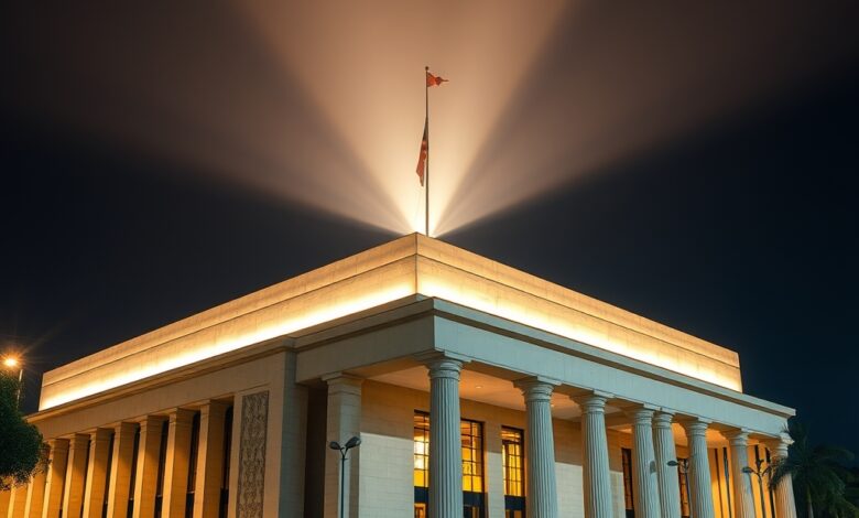 Fachada de edifício judicial moderno iluminado ao entardecer simbolizando o poder judiciário e a ordem constitucional.