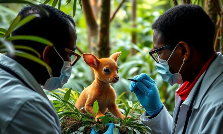 Biólogos a examinar cuidadosamente uma jovem arara-vermelha num ninho artificial no interior da floresta tropical.