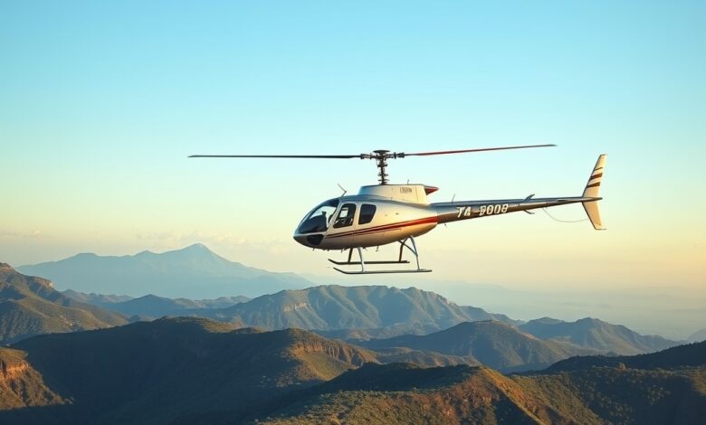 Helicóptero moderno em voo sobre uma paisagem montanhosa durante o entardecer com vista panorâmica detalhada.