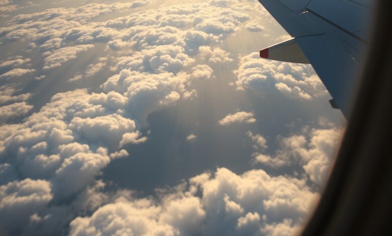 Janela circular de avião comercial com vista panorâmica para nuvens e o horizonte em altitude elevada