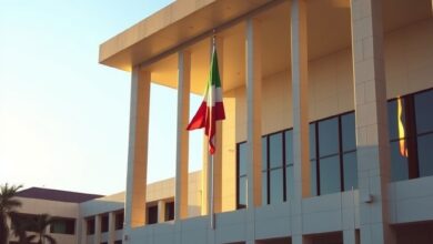 Fachada moderna de um tribunal de justiça com bandeira ao vento sob luz suave